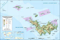 Carte de Saint-Barthélemy avec la localisation, le relief, l'altitude, les agglomérations, les routes, les réserves naturelle et les étangs
