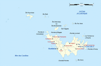 Carte de Saint-Barthélemy avec les villes, l'échelle, les îles aux alentours et le point culminant Morne de Vitet