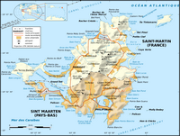 Carte de Saint-Martin avec les frontières, les routes, les zones urbanisées, les aéroports et les sommets