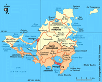 Carte de Saint-Martin avec les villes, les routes, l'échelle, la partie française et hollandaise