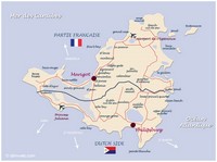 Carte de Saint-Martin avec les villes, les routes, les aéroports et les directions pour les autres îles