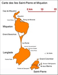 Carte de Saint-Pierre-Et-Miquelon avec les anses, les étangs et les îles.