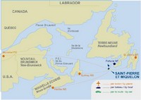 Carte de Saint-Pierre-Et-Miquelon avec les liaisons par avion et par bateau