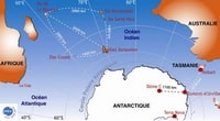 Carte des Terres Australes et Antarctiques Françaises avec la distance entre les îles en km