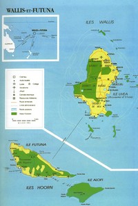 Carte de Wallis-et-Futuna avec les lycées, les collèges, les aérodromes, les forêts, les récifs coraliens