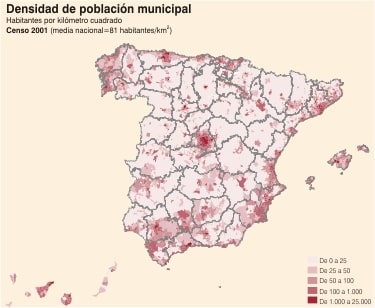 Carte de la densité de la population de l'Espagne