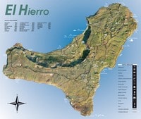 Carte de El Hierro avec les distances depuis Valverde, les centres touristiques, les miradors, les hôpitaux et des informations touristiques