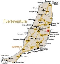 Carte de Fuerteventura avec les autoroutes, le nom des route