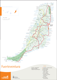 Carte de Fuerteventura avec les autoroutes, le type de route, les rivières, les villes, les villages, les montagnes et les parcs