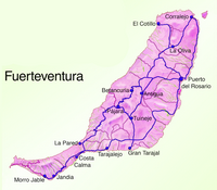 Carte routière de Fuerteventura avec les routes principales en bleu, les routes secondaires en violet et le nom des routes