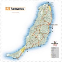 Carte de Fuerteventura avec les routes principales et secondaires, l'aéroport, les montagnes et les plages