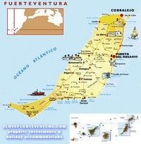 Carte de Fuerteventura avec les villes, les routes et des illustrations