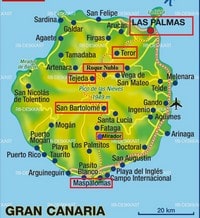 Carte de Grande Canarie avec l'aéroport, les villes, les routes et l'échelle