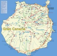Carte de Grande Canarie avec les routes, les lacs, les villes et les rivières