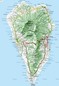 Carte de La Palma avec les habitations, le relief, les villes, les villages et les connections en bateau