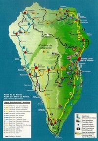 Carte de La Palma avec les lignes de bus, les stations essence et les zones de pique nique