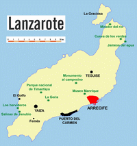 Carte de Lanzarote avec les lieux touristiques et l'échelle