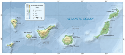 Carte des îles Canaries avec le relief, la capitale de chaque province, les villes, les villages, les aéroports et les échelles en miles et en km