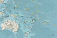 Carte de l'Océanie avec les pays, les villes, les montagnes et la fosse des Mariannes