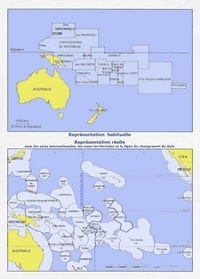 Carte de l'Océanie simplifiée et la représentation réelle avec la ligne de changement de date