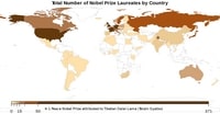 carte du monde prix Nobel par pays