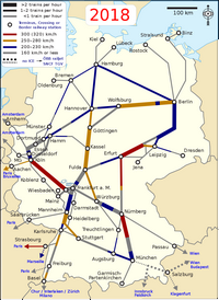Carte de l'Allemagne avec les chemins de fer, la fréquence et la vitesse des trains