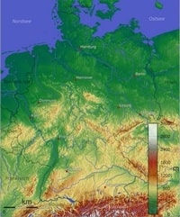 Carte de l'Allemagne topographique avec le relief et l'altitude en mètre