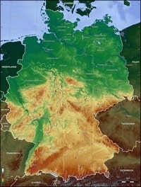 Carte de l'Allemagne topographique avec le relief, l'altitude en mètre et les villes