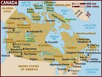 Carte du Canada avec les villes et l'échelle en miles et km