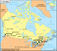 Carte des villes du Canada avec l'échelle, les grands lacs