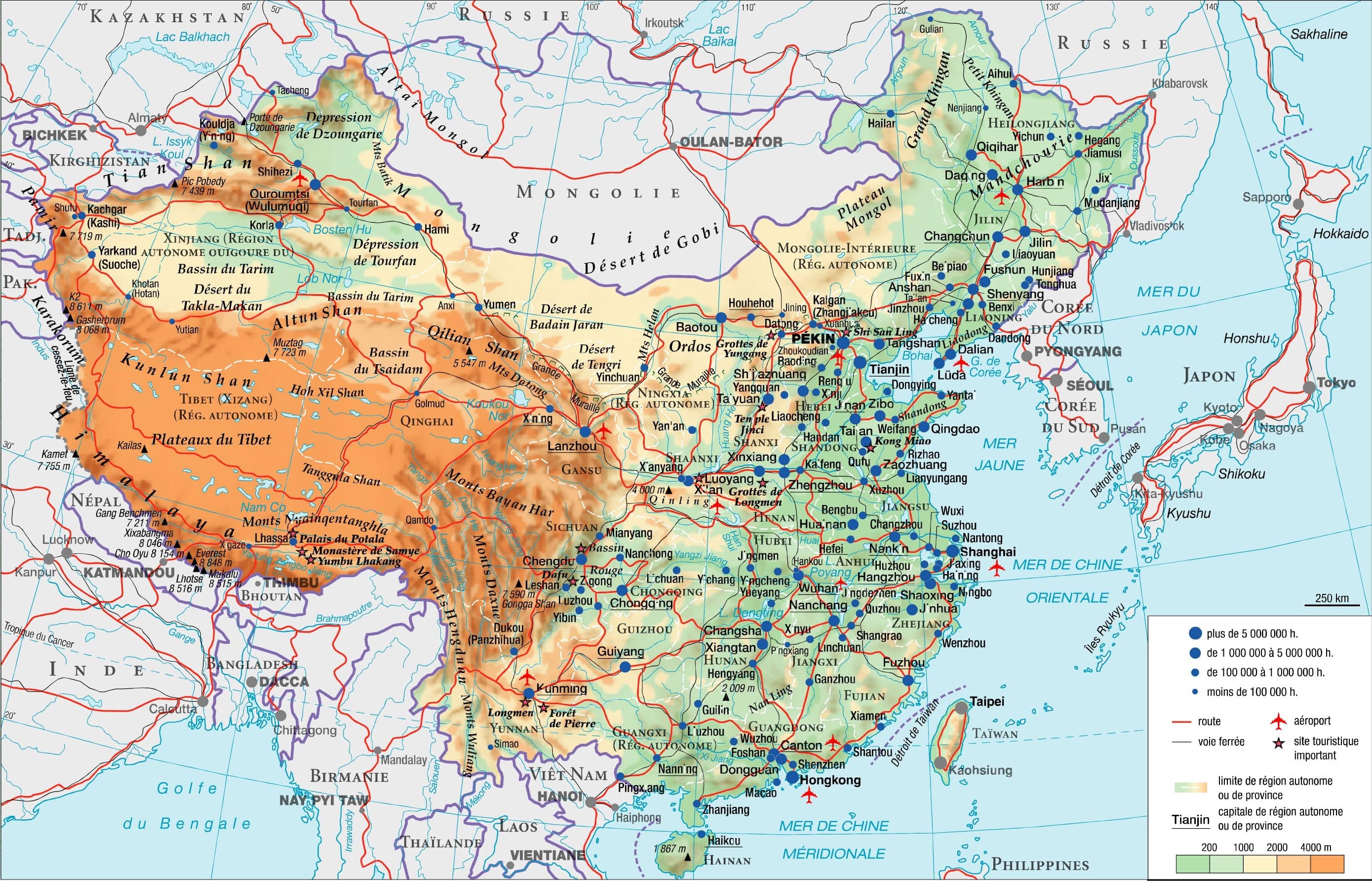 Carte de la Chine avec les villes et régions