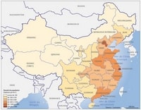 Carte de la Chine avec la densité de population par habitant au km²