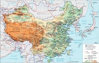 Carte de la Chine avec le relief, l'altitude, la taille des villes, les routes, les voies ferrées, les aéroports et les sites touristiques