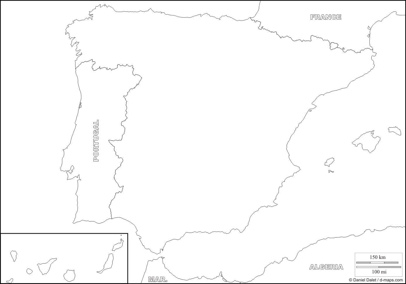 Carte de l'Espagne vierge à compléter.