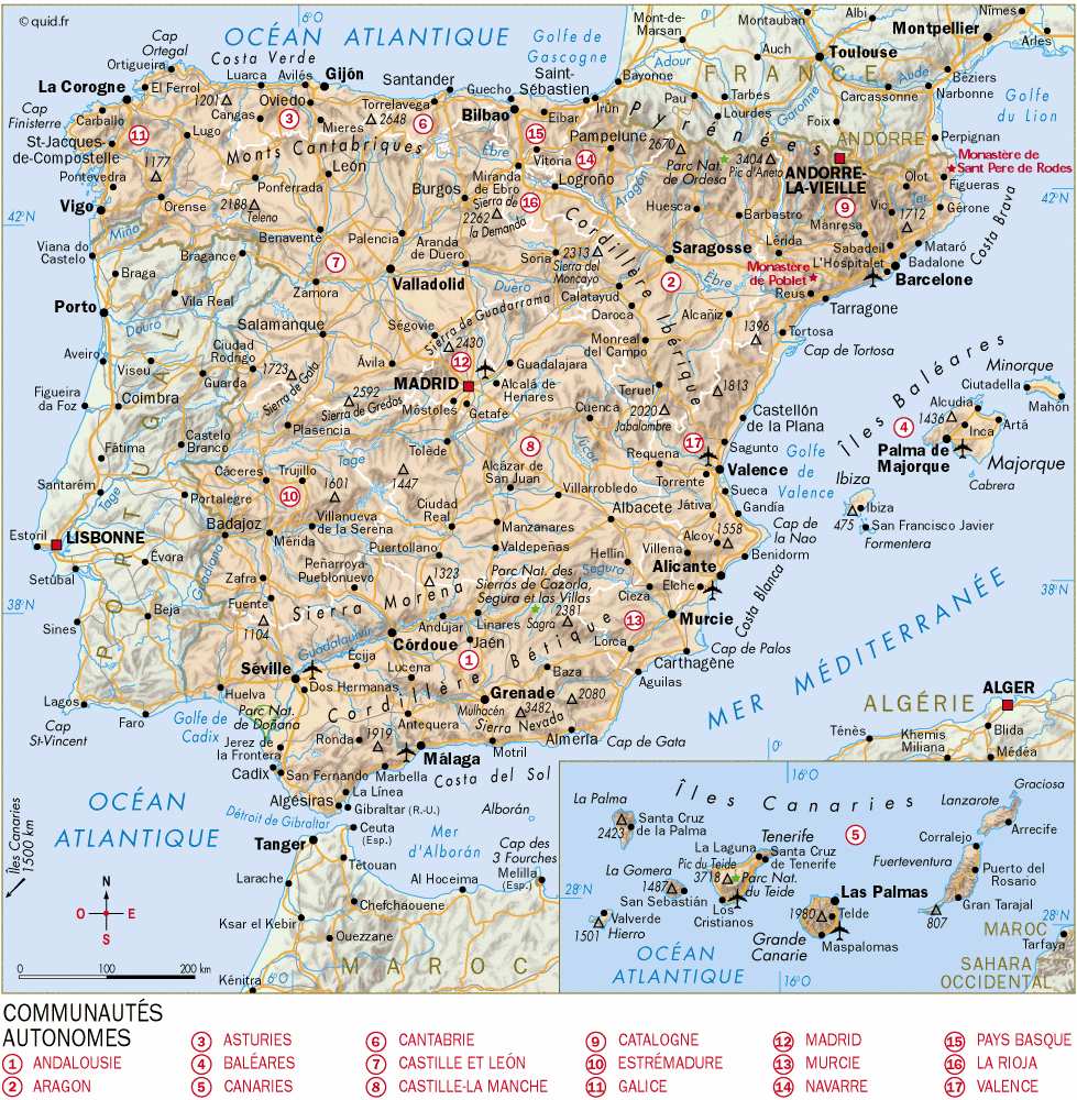Carte de l'Espagne, avec les villes et les communautés autonomes.