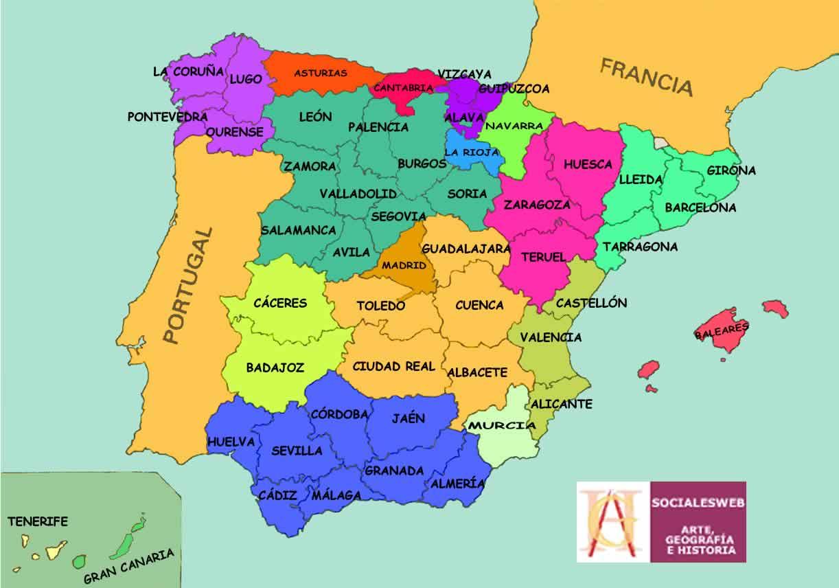 Carte des régions de l'Espagne en couleur.