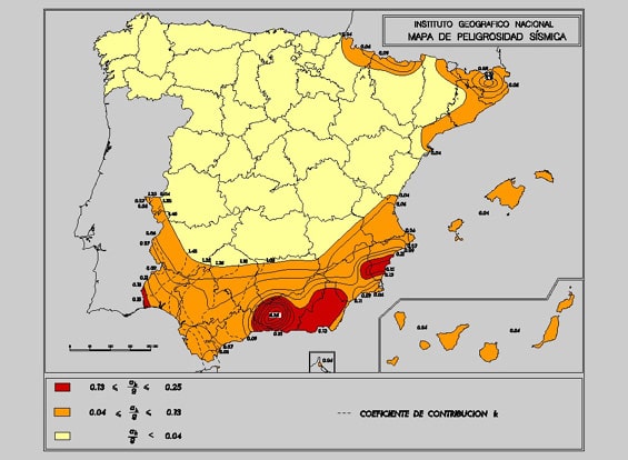 Carte des régions sismiques en Espagne.