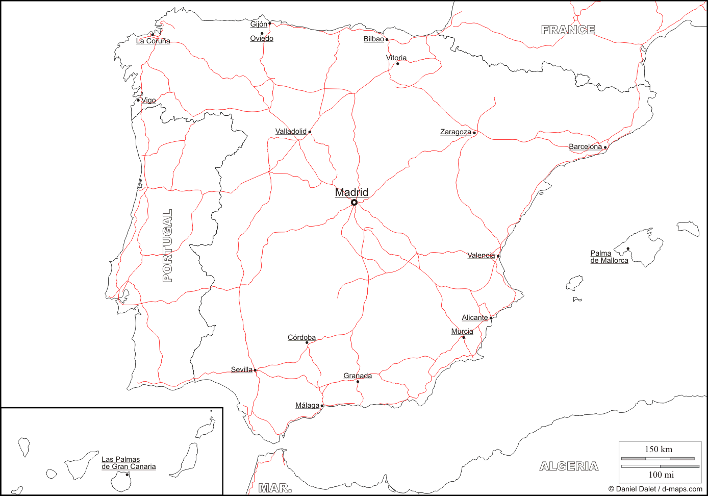 Carte vierge de l'Espagne avec les villes et les routes.