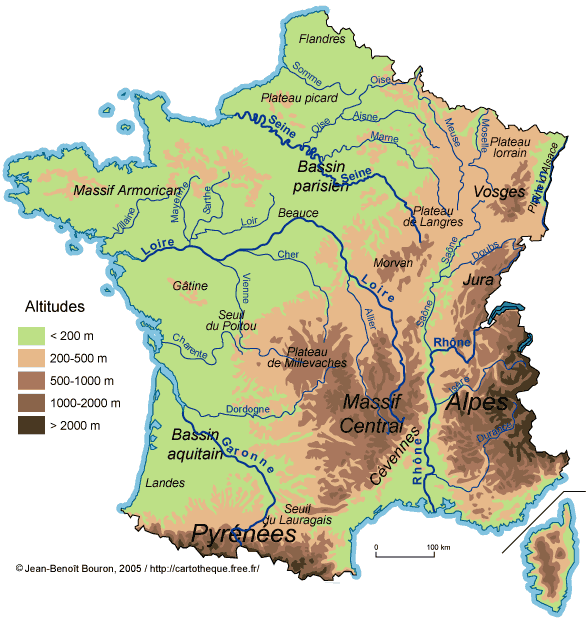Carte du relief français avec les fleuves.
