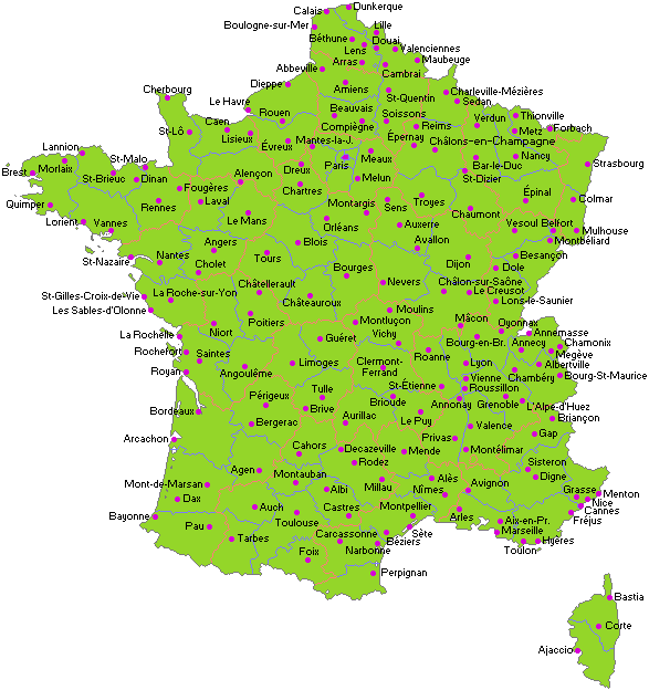 Carte de la France avec les villes