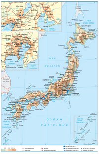 Carte du Japon grande carte avec la taille des villes, le relief, l'altitude et les sites touristiques importants
