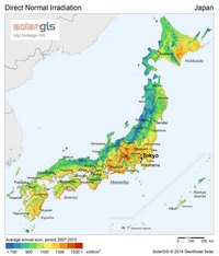 Carte du Japon avec le taux d'ensoleillement en kWh/m2
