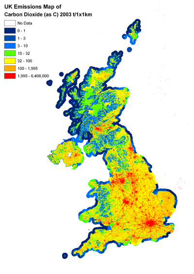 Carte des émissions en tonne de CO2 au Royaume-Uni en 2003