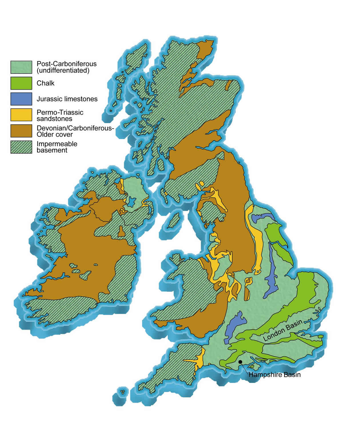 Carte géographique du Royaume-Uni avec l'âge des roches.