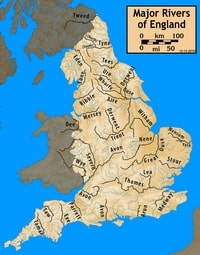 Carte de l'Angleterre hydrographique avec les principales rivières