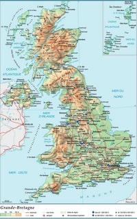 Carte de la Grande-Bretagne avec le relief, l'altitude, les routes, les autoroutes, les voies ferrées, les aéroports et les sites touristiques