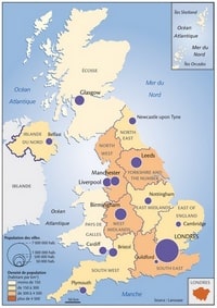 Carte de la Grande-Bretagne avec la taille des villes et la densité de population