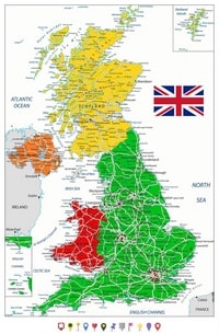 Carte du Royaume-Uni avec les grandes et les petites villes, les rivières et les points culminants
