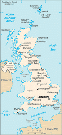 Carte du Royaume-Uni avec les grandes villes, le point culminant et le point le plus bas du territoire.