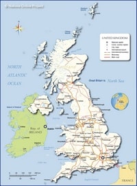 Carte du Royaume-Uni avec les villes, les routes principales, les autoroutes, les aéroports et la capitale Londres